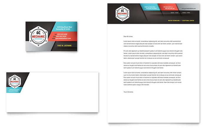 Auto Mechanic Business Card & Letterhead Template - Word, Publisher, InDesign, Illustrator, Pages, QuarkXPress, CorelDraw