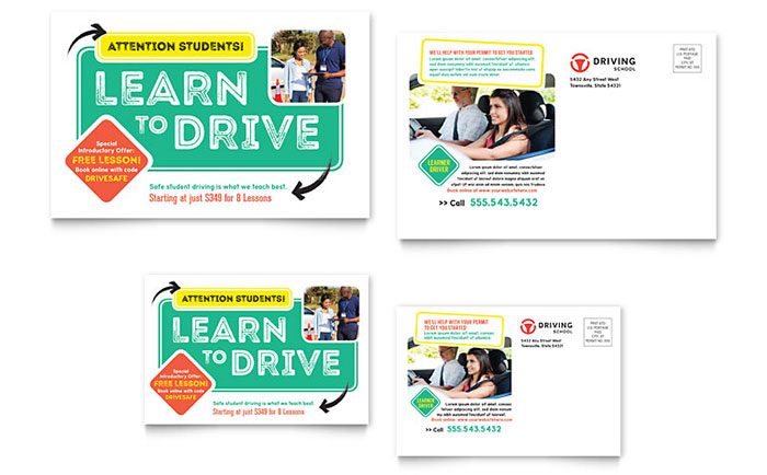 Driving School Postcard Template - Word, Publisher, InDesign, Illustrator, Pages, QuarkXPress, CorelDraw
