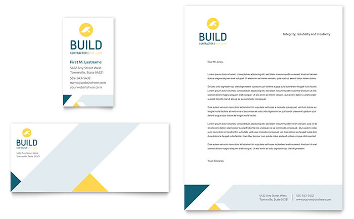 Contractor Business Card & Letterhead Template - Word, Publisher, InDesign, Illustrator, Pages, QuarkXPress, CorelDraw
