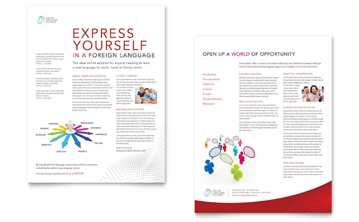 Language School Datasheet Template - Word, Publisher, InDesign, Illustrator, Pages, QuarkXPress, CorelDraw