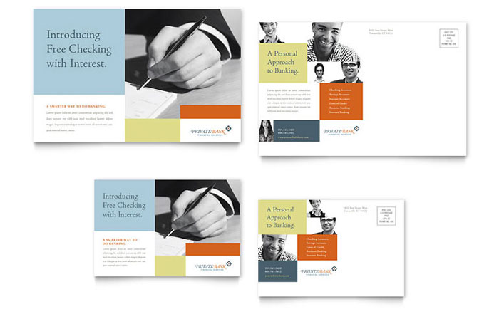 Private Bank Postcard Template - Word, Publisher, InDesign, Illustrator, Pages, QuarkXPress, CorelDraw