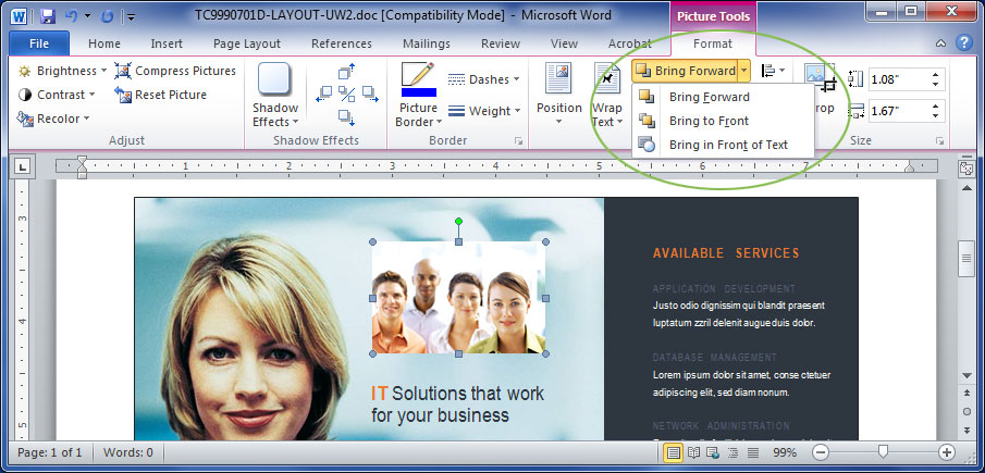 Move Picture Forward Backward Microsoft Word Screen